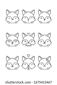 Coloring pages, black and white cute kawaii hand drawn emotion wolf doodles, print