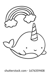 Coloring pages, black and white cute kawaii hand drawn narwhal and rainbow doodles, print