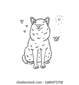 Coloring pages, black and white cute kawaii hand drawn wolf and sun and hearts doodle, print