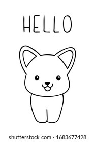 Coloring pages, black and white cute kawaii hand drawn corgi dog doodles, lettering hello, print