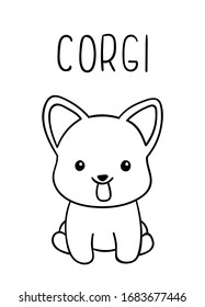 Coloring pages, black and white cute kawaii hand drawn corgi dog doodles, lettering corgi, print