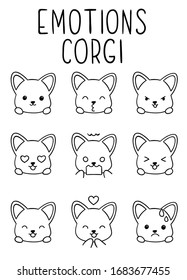 Páginas de colores, lindas emociones dibujadas a mano en blanco y negro, doodles de perro corgi, impresión