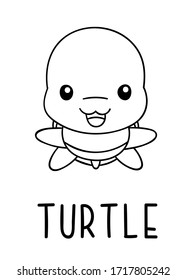 Coloring pages, black and white cute kawaii hand drawn turtle doodles, lettering turtle, print