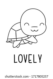 Coloring pages, black and white cute kawaii hand drawn turtle doodles, lettering lovely, print