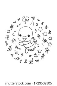 Coloring pages, black and white cute kawaii hand drawn turtle doodles, circle print, print