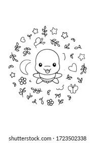 Coloring pages, black and white cute kawaii hand drawn turtle doodles, circle print, print