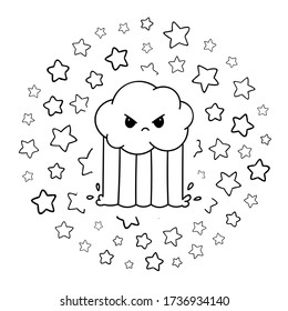 Coloring pages, black and white cute kawaii hand drawn rainbow doodles, circle print, print