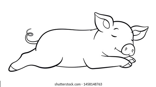 Coloring pages. Black and white. Little cute piglet sleeps and smiles.