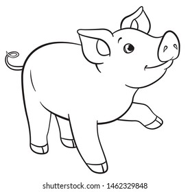 Coloring pages. Black and white. Little cute piglet stands and smiles.