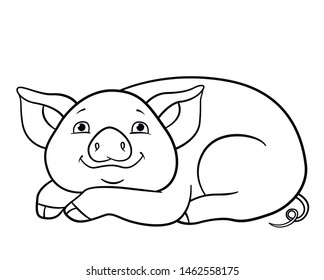 Coloring pages. Black and white. Little cute piglet lays and smiles.