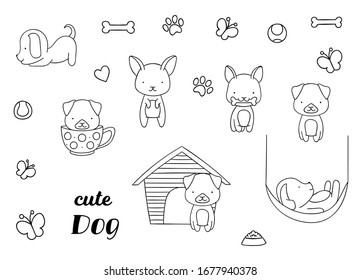 Coloring pages, black and white, set cute kawaii hand drawn dog doodles, print