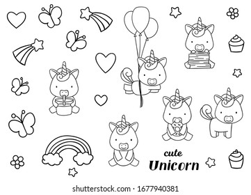 Coloring pages, black and white, set cute kawaii hand drawn unicorn doodles, print