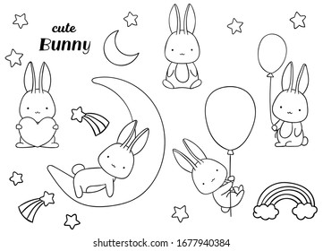 Páginas de colores, en blanco y negro, ponen adorables doodles de conejita dibujados a mano de kawaii, impresos