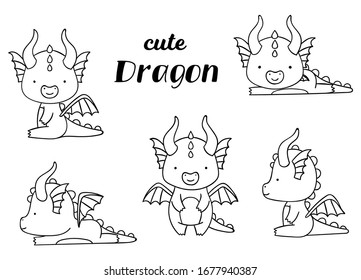 Coloring pages, black and white, set cute kawaii hand drawn dragon doodles, print