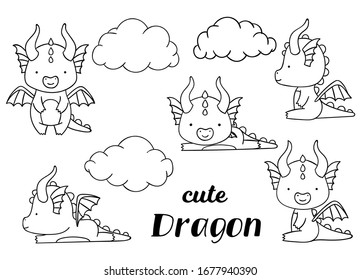 Coloring pages, black and white, set cute kawaii hand drawn dragon doodles, print