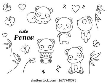 Coloring pages, black and white, set cute kawaii hand drawn panda doodles, print