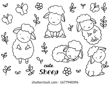 Coloring pages, black and white, set cute kawaii hand drawn sheep doodles, print