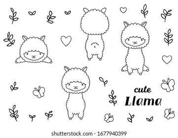 Coloring pages, black and white, set cute kawaii hand drawn llama doodles, print