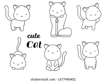 Coloring pages, black and white, set cute kawaii hand drawn cat doodles, print