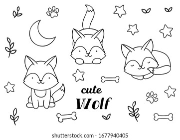 Coloring pages, black and white, set cute kawaii hand drawn wolf doodles, print