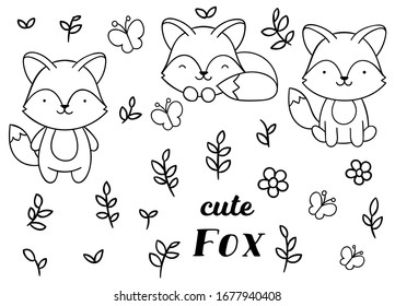 Coloring pages, black and white, set cute kawaii hand drawn fox doodles, print