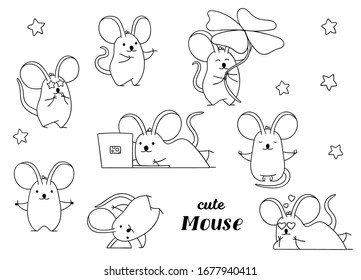 Coloring pages, black and white, set cute kawaii hand drawn mouse doodles, print