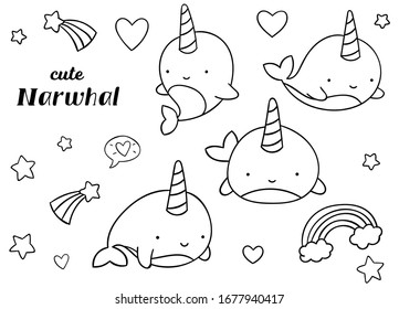 Coloring pages, black and white, set cute kawaii hand drawn narwhal doodles, print