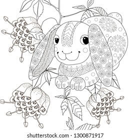 Coloring Pages. Coloring Book for adults and children. Colouring pictures with rabbit. Antistress freehand sketch drawing with doodle and zentangle element