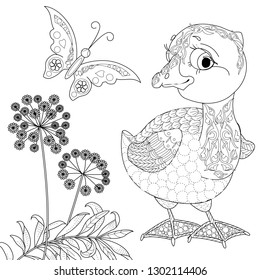 Coloring Pages. Coloring Book for adults and children. Colouring pictures with Ugly Duckling. Antistress freehand sketch drawing with doodle and zentangle element