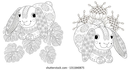 Coloring Pages. Coloring Book for adults and children. Colouring pictures with rabbit. Antistress freehand sketch drawing with doodle and zentangle element