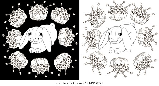Coloring Pages. Coloring Book for adults and children. Colouring pictures with rabbits. Antistress freehand sketch drawing with doodle and zentangle element