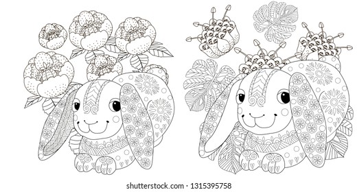 Coloring Pages. Coloring Book for adults and children. Colouring pictures with rabbit. Antistress freehand sketch drawing with doodle and zentangle element