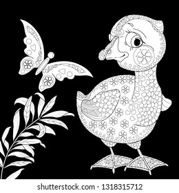 Coloring Pages. Coloring Book for adults and children. Colouring pictures with duckling. Antistress freehand sketch drawing with doodle and zentangle element