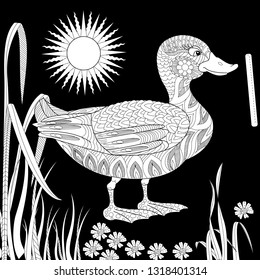 Coloring Pages. Coloring Book for adults and children. Colouring pictures with duck. Antistress freehand sketch drawing with doodle and zentangle elements.