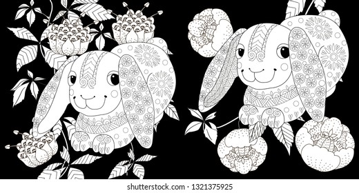 Coloring Pages. Coloring Book for adults and children. Colouring pictures with rabbit. Antistress freehand sketch drawing with doodle and zentangle element