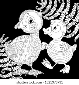 Coloring Pages. Coloring Book for adults and children. Colouring pictures with duckling. Antistress freehand sketch drawing with doodle and zentangle element