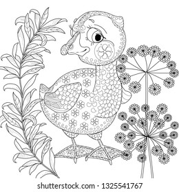 Coloring Pages. Coloring Book for adults and children. Colouring pictures with duckling. Antistress freehand sketch drawing with doodle and zentangle element