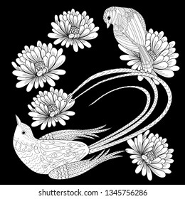 Coloring Pages. Coloring Book for adults and children. Colouring pictures with bird and flowers. Antistress freehand sketch drawing with doodle and zentangle element