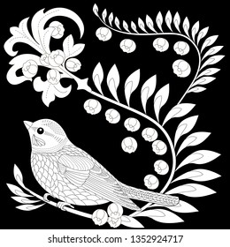 Coloring Pages. Coloring Book for adults and children. Colouring pictures with birds and flowers. Antistress freehand sketch drawing with doodle and zentangle element