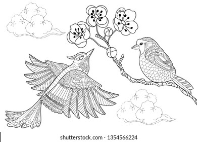 Coloring Pages. Coloring Book for adults and children. Colouring pictures with birds and flowers. Antistress freehand sketch drawing with doodle and zentangle element