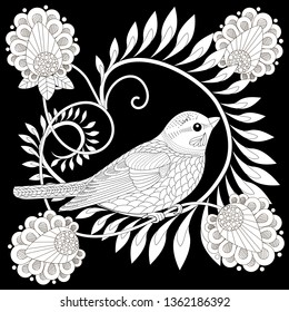 Coloring Pages. Coloring Book for adults and children. Colouring pictures with birds and flowers. Antistress freehand sketch drawing with doodle and zentangle element