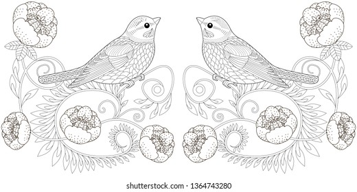 Coloring Pages. Coloring Book for adults and children. Colouring pictures with birds and flowers. Antistress freehand sketch drawing with doodle and zentangle element