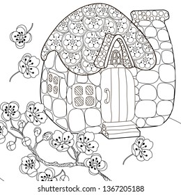 Coloring Pages. Coloring Book for adults and children. Colouring pictures with house. Antistress freehand sketch drawing with doodle and zentangle elements.