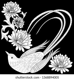 Coloring Pages. Coloring Book for adults and children. Colouring pictures with birds and flowers. Antistress freehand sketch drawing with doodle and zentangle element