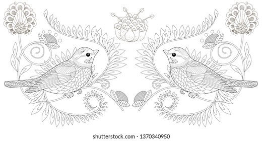 Coloring Pages. Coloring Book for adults and children. Colouring pictures with birds and flowers. Antistress freehand sketch drawing with doodle and zentangle element