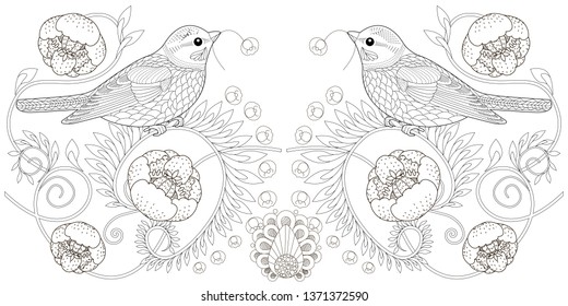 Coloring Pages. Coloring Book for adults and children. Colouring pictures with birds and flowers. Antistress freehand sketch drawing with doodle and zentangle element