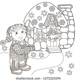 Coloring Pages. Coloring Book for adults and children. Colouring pictures with house and children. Antistress freehand sketch drawing with doodle and zentangle elements.