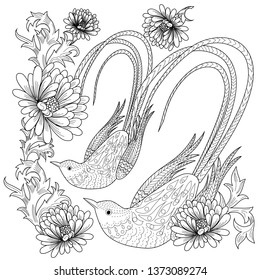 Coloring Pages. Coloring Book for adults and children. Colouring pictures with birds and flowers. Antistress freehand sketch drawing with doodle and zentangle element