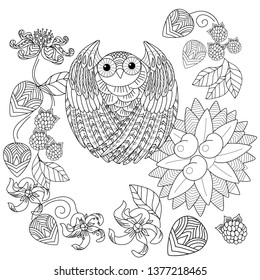 Coloring Pages. Coloring Book for adults and children. Colouring pictures with owl and flowers. Antistress freehand sketch drawing with doodle and zentangle element