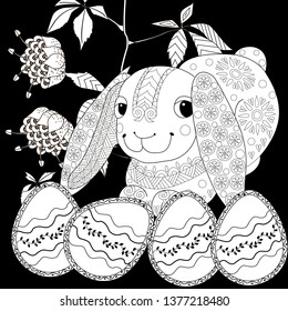 Coloring Pages. Coloring Book for adults and children. Colouring pictures with Easter Bunny. Antistress freehand sketch drawing with doodle and zentangle element